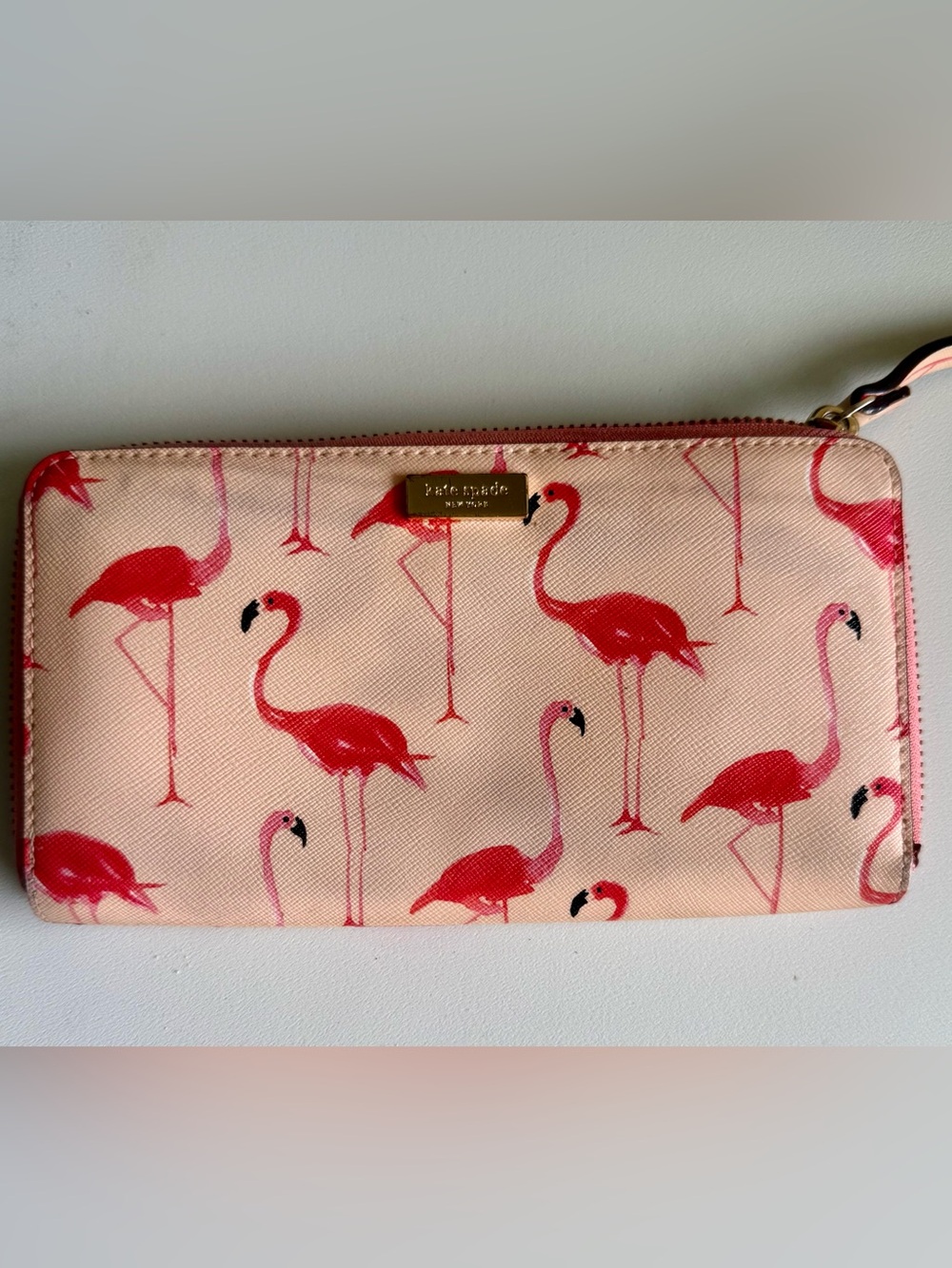 Kate Spade Pink Flamingo Print Zip Wallet with Gold Plate